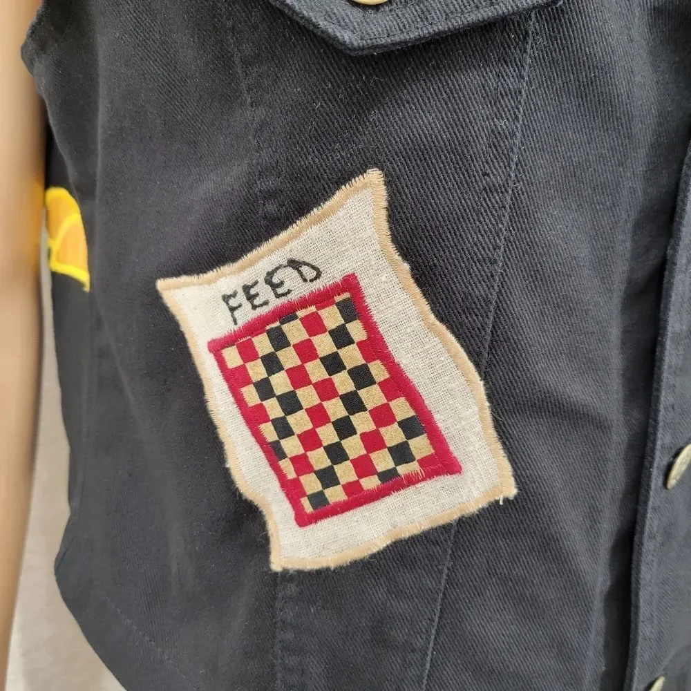 Vintage 80s Black Denim Vest with Embroidered Patches Chickens Farmcore - Picture 6 of 16